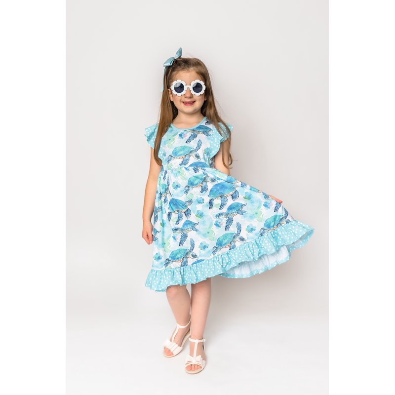 Girls Mint Turtle Angel Sleeve Dress & Shorts Set - 3T Toddler