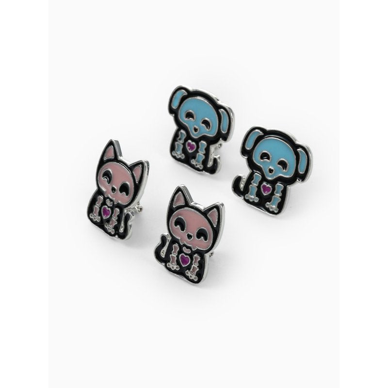 Halloween Skeleton Pet Clip-On Stud Earrings - 2 Pairs Spooky Costume Jewelry