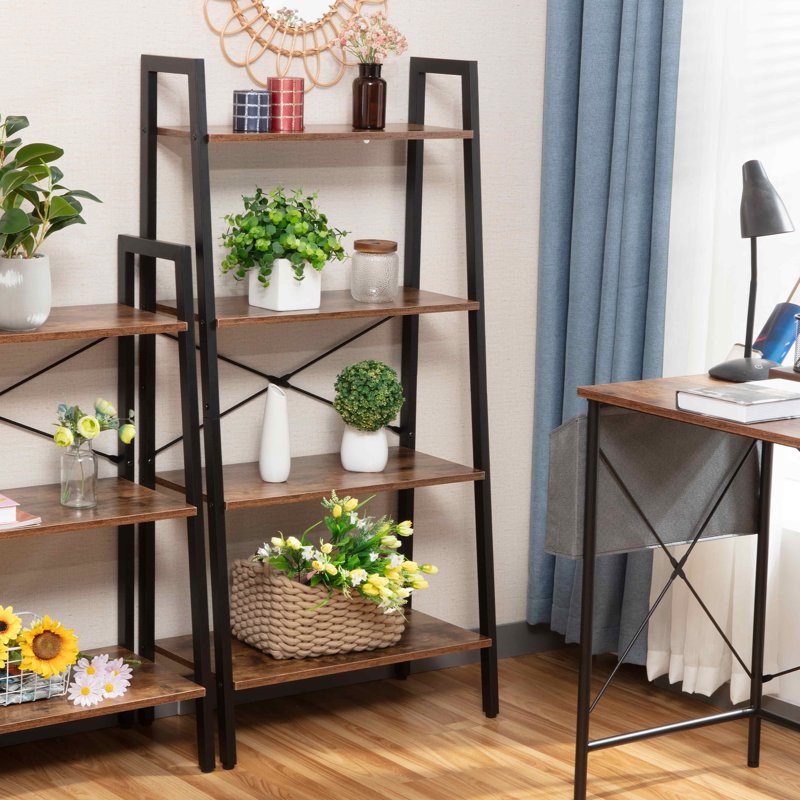 Industrial 4-Tier Bookshelf - Rustic Display Bookcase Rack