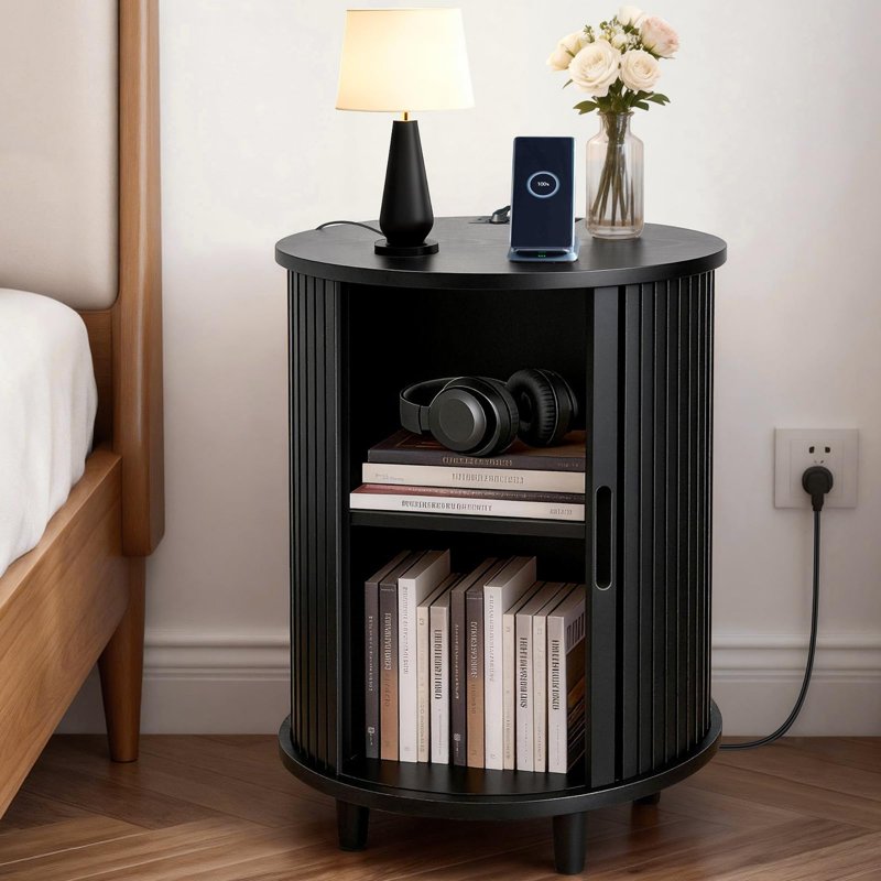 Round End Table with Charging Station & Sliding Door - Multiple Colors