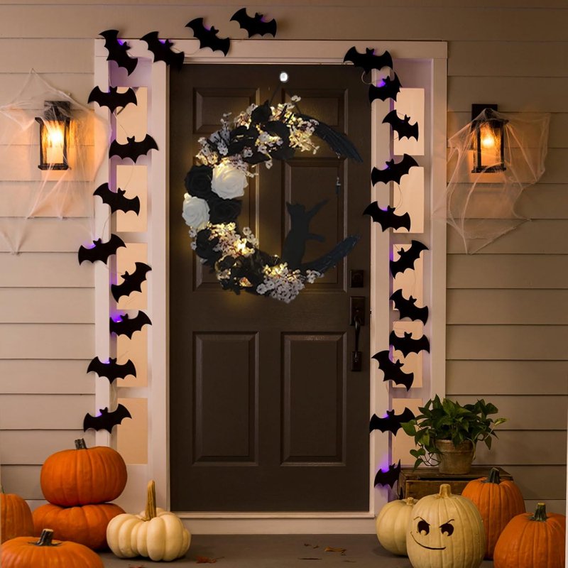 Halloween Wreath with Moon Cat Design - White Halloween Front Door Decor