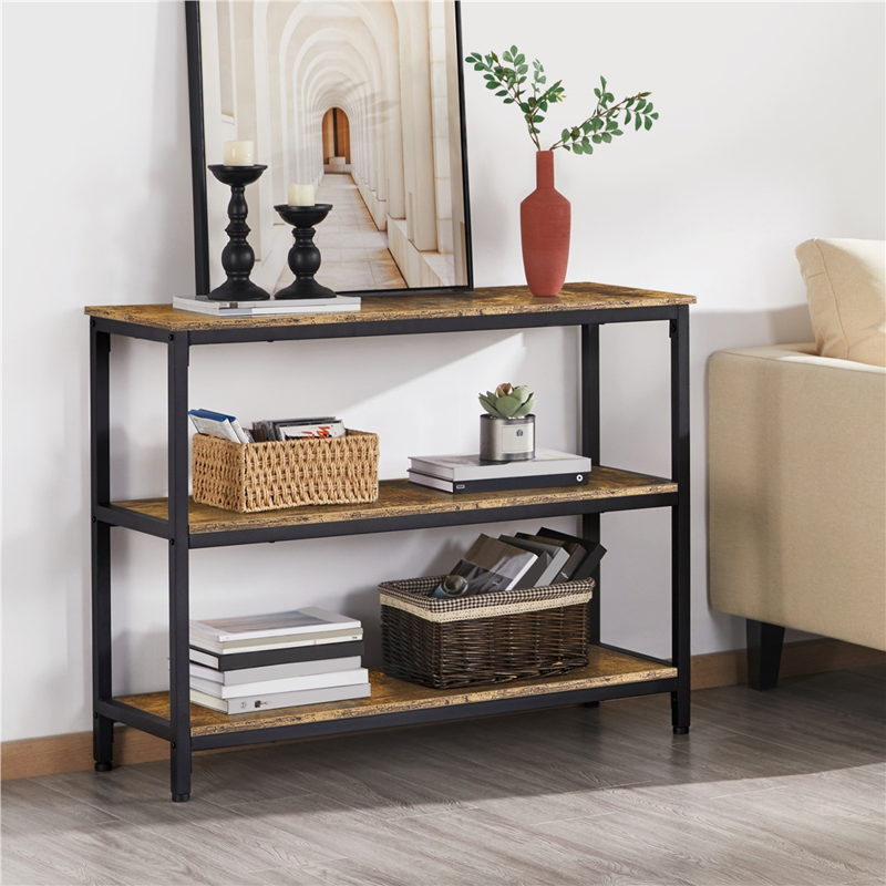 Rustic Wooden Console Table with 3 Storage Shelves