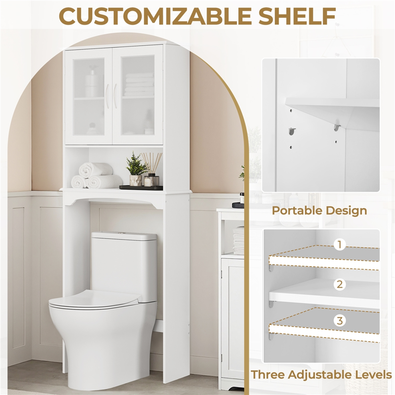 White Over-the-Toilet Bathroom Storage Cabinet with Open Shelf - Modern Freestanding Design