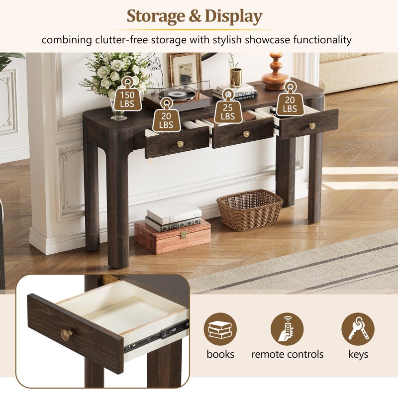 52 Inch Curved Console Table with 3 Drawers - Multiple Colors