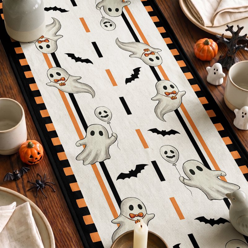 Halloween Table Runner with Ghost Truck, Bats & Bows - Seasonal Fall Kitchen Decor 13x72 Inch D