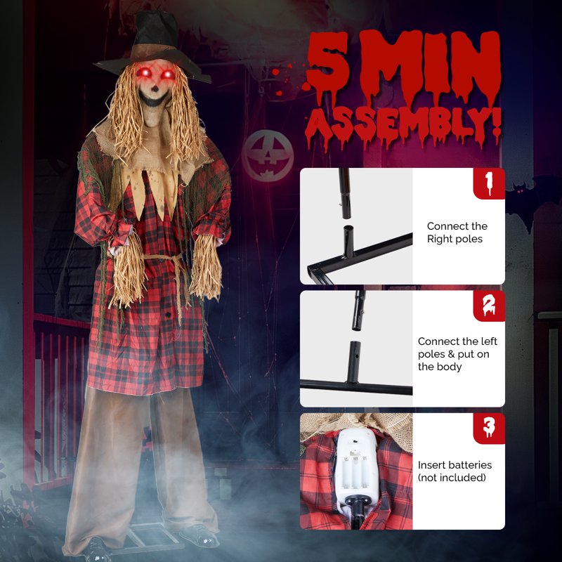 8ft Animated Halloween Scarecrow Decoration with LED Eyes and Screaming Sound