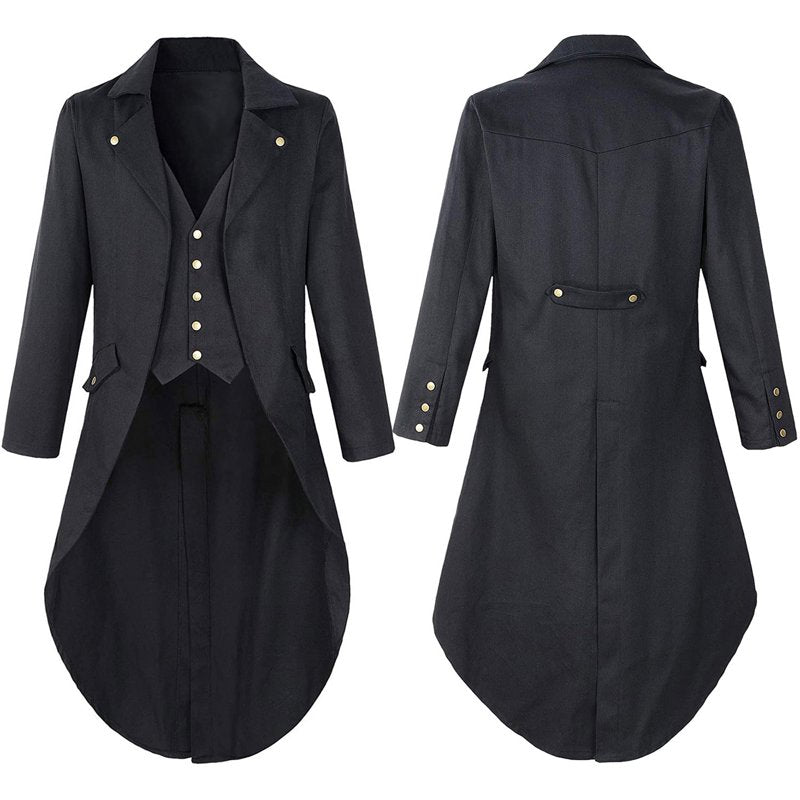 Men's Medieval Tailcoat Jacket Renaissance Costume Gothic Victorian Halloween Tuxedo Coats - Black, 4XL