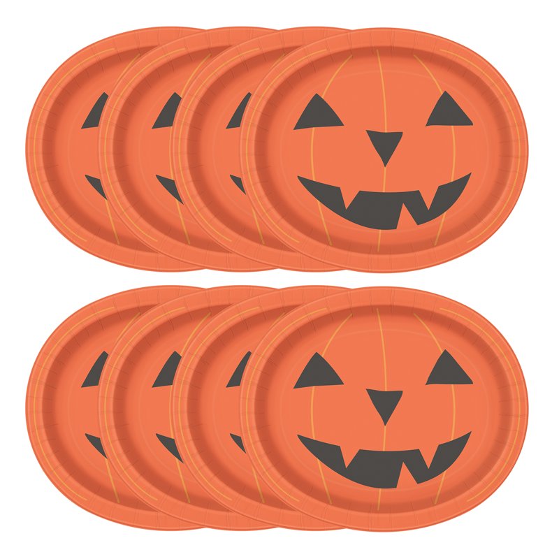 Halloween Smiling Pumpkin Oval Paper Plates - 12x10 Inch, Pack of 8