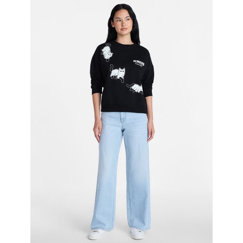 Women's Halloween Graphic Crew Pullover - Soot Black, Glows in Dark, Cozy Cotton-Polyester Knit, Sizes XXS-XXL