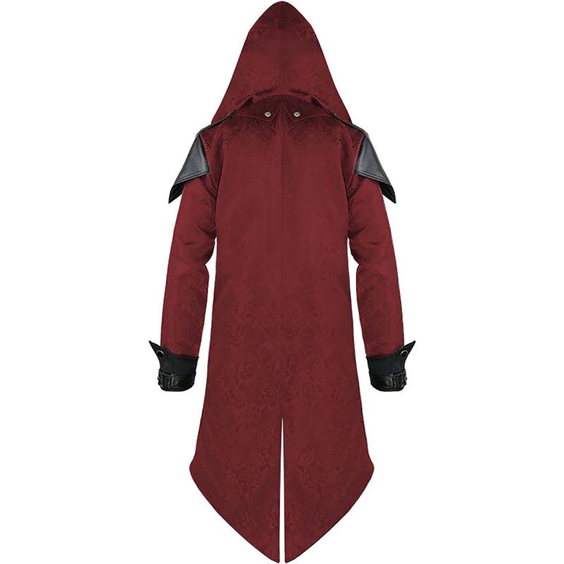 Men's Medieval Steampunk Tailcoat Costume Long Sleeve Hooded Trench Red XXL