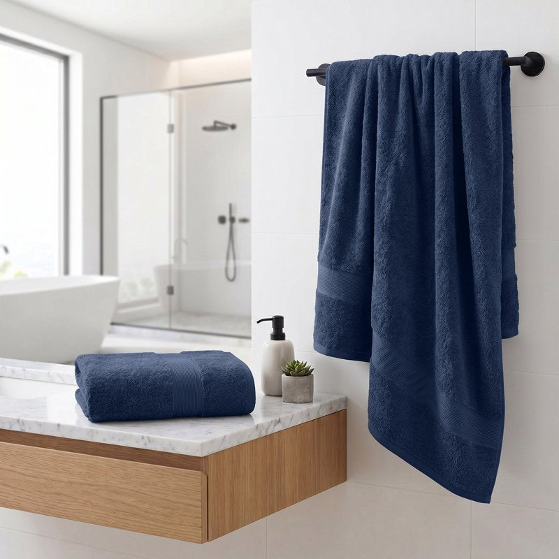 Organic Cotton Bath Towel Set - Navy Blue 2-Piece, Medium Weight, Soft & Absorbent