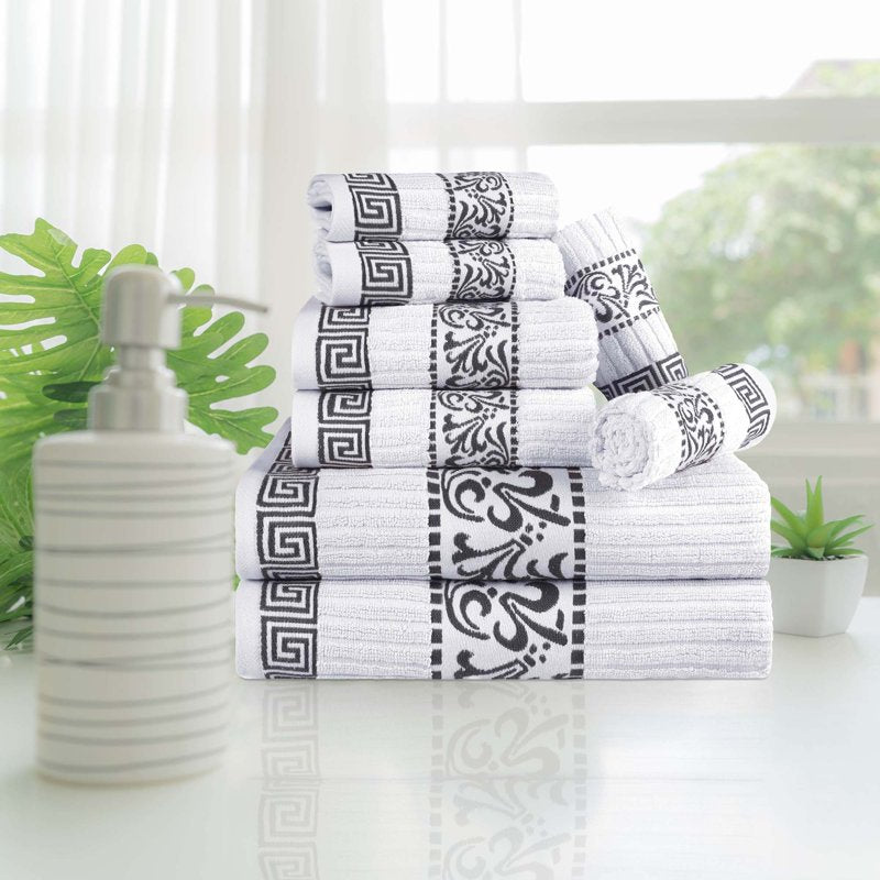 Superior Athens 8-Piece Cotton Greek Scroll Towel Set - Grey, Quick Dry