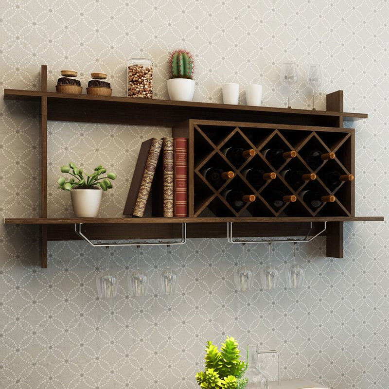 Wall Mount Wine Rack with Glass Holder & Storage Shelf - Black Walnut