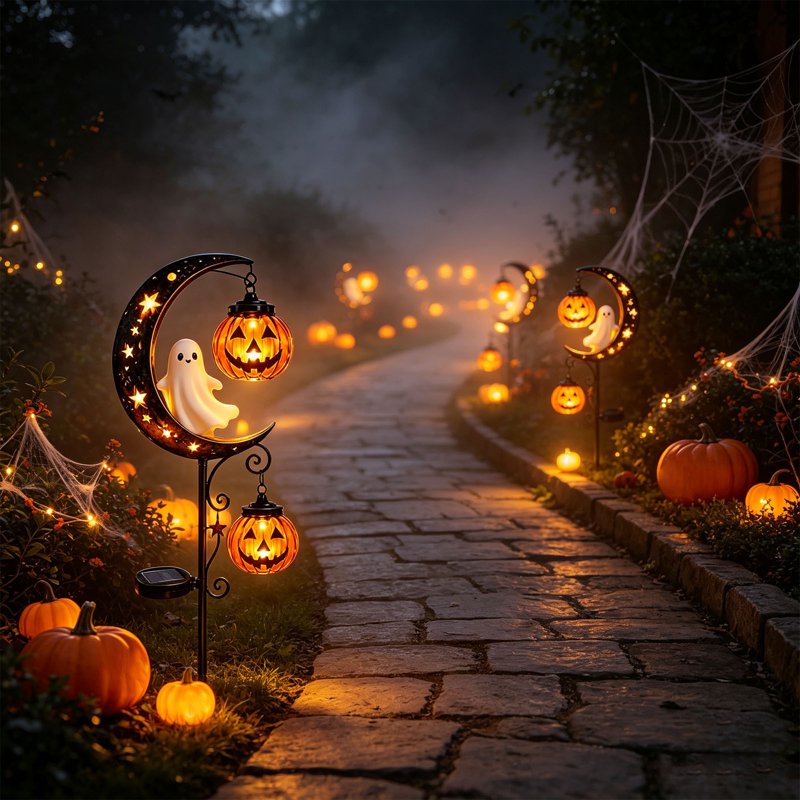 Solar Halloween Ghost & Moon Garden Stake Lights H - Waterproof Outdoor LED Lanterns