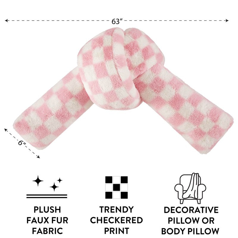 Mainstays Pink Checkered Knot Faux Fur Body Pillow 22x11 Inches - Pink & White Check Variation