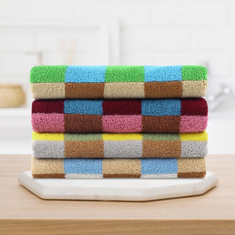 Checkered Cotton Hand Towels Set - Beige Brown 4-Piece Bathroom & Kitchen