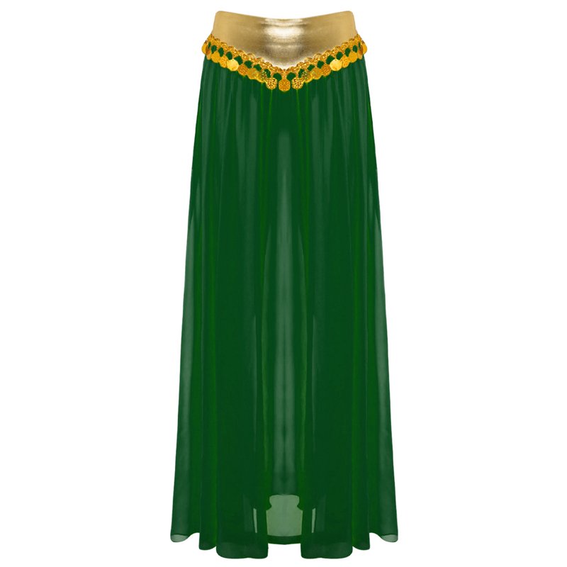 Women Belly Dance Costume Set Green M - Chiffon Skirt & Crop Top with Sleeves