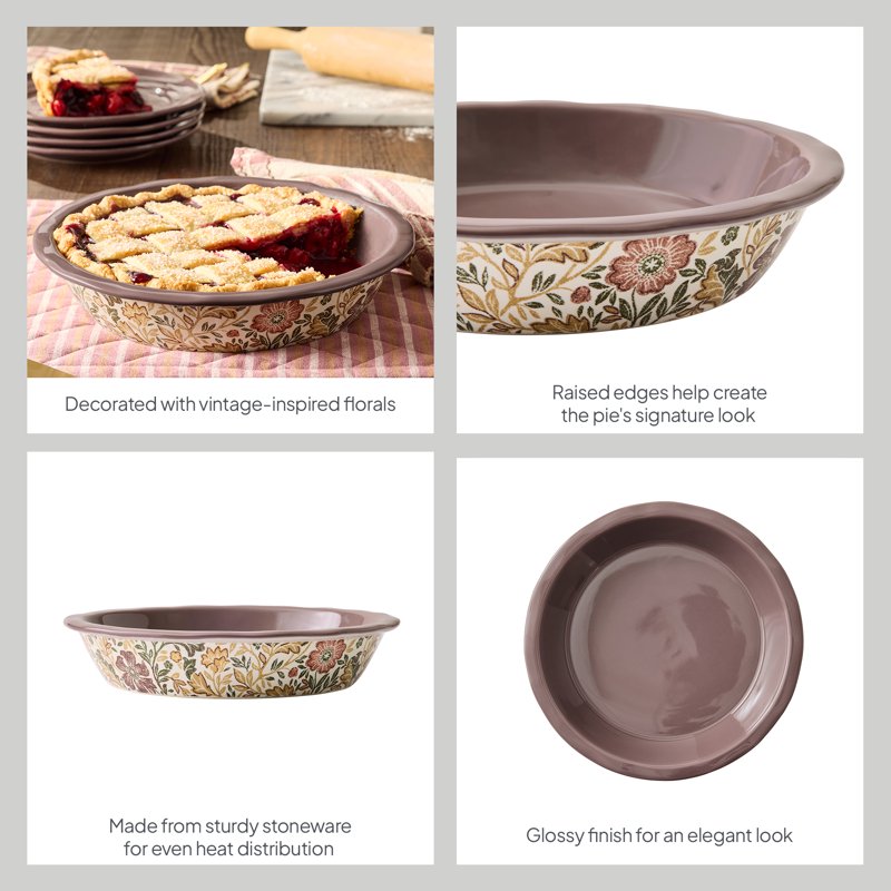 10-Inch Stoneware Pie Dish with Floral Design