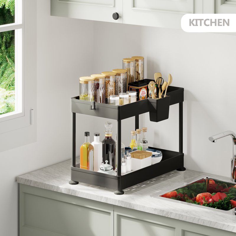 Under Sink Organizer 2-Tier with Hooks & Non-Slip Grip - Black, 2 Pack