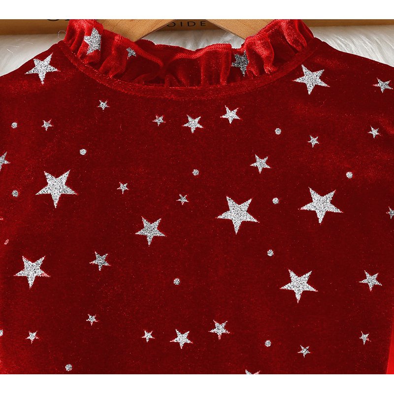 Red Girl Velvet Star Print Dress with Ruffle Hem & Bow Belt - Size 3-4 Years