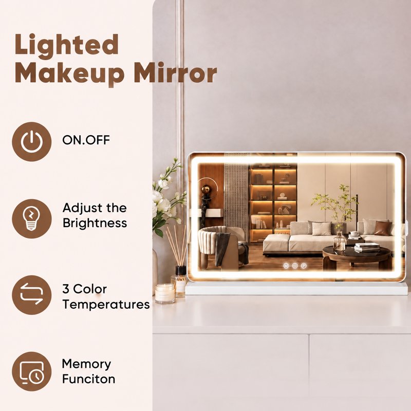 LED Vanity Mirror with Lights, Dimmable 3-Color Touch Makeup Mirror