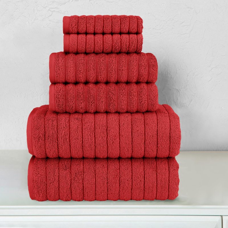 Red Turkish Cotton Corduroy Ribbed Luxury Bath Towel Set - 6 Pieces