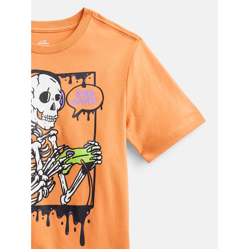 Halloween Boys Graphic T-Shirt with Short Sleeves - Orange Yam Skeleton, Size 6-7