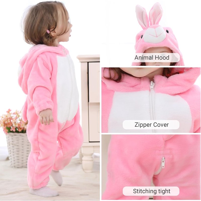 Pink Rabbit Baby Animal Costume Romper - 6-12 Months Winter Toddler Jumpsuit