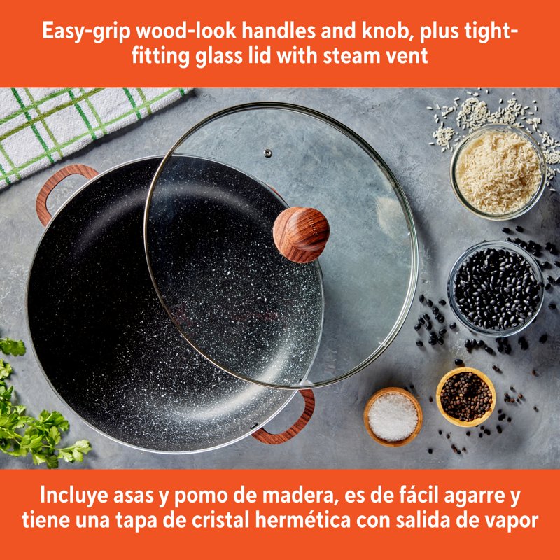 6.9qt Nonstick Aluminum Caldero with Glass Lid & Wood Look Handles