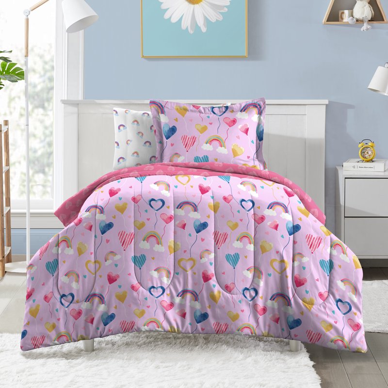 Full Bed-in-a-Bag for Kids - Lilac Balloon Hearts Bedding Set, Microfiber, Child Age 3+