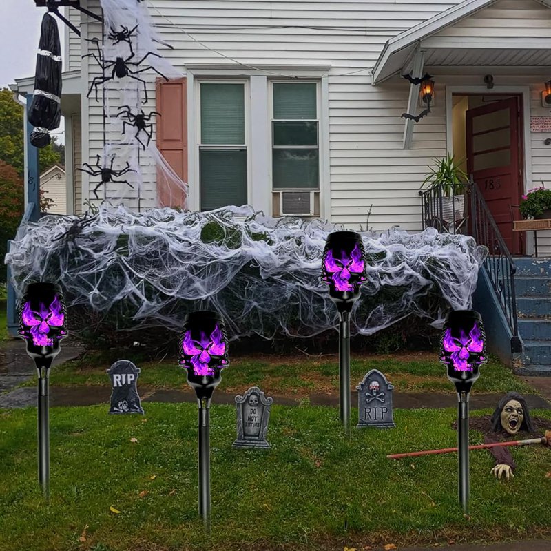 Halloween Solar Skull Stake Lights 4-Pack Outdoor Pathway & Garden Decor - Purple