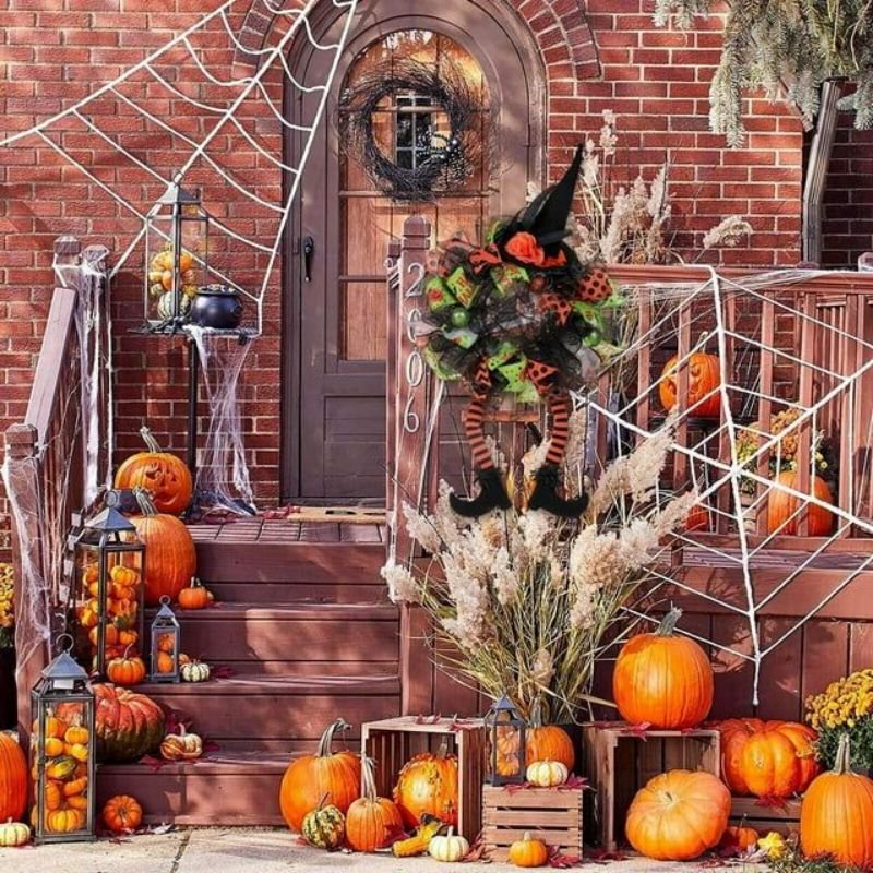Halloween Wreath 29.5 Inch Witch Decor with Hat Pumpkin Witches Legs Door Front Porch Indoor Outdoor