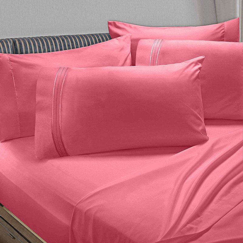 Twin Coral Pink Bed Sheet Set with Extra Pillowcases - Wrinkle & Stain Resistant Microfiber
