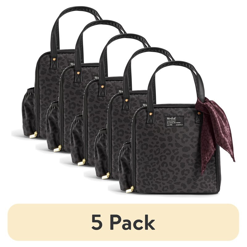 Large Insulated Lunch Bag for Women - 5 Pack with Scarf - Cheetah Black