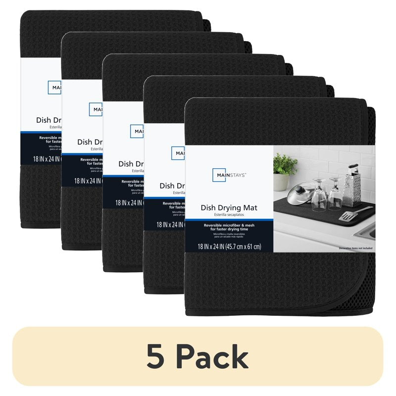 Microfiber Dish Drying Mat - 5 Pack, Reversible Quick-Dry, Black