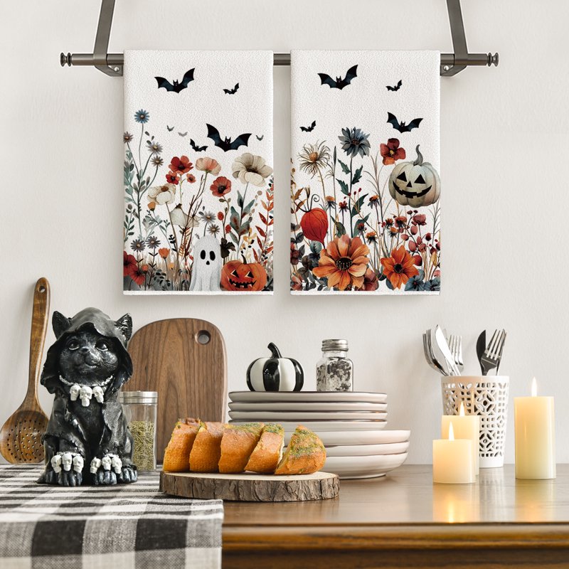 Halloween Kitchen Towels Set of 2 - Ghost Pumpkins Bats Floral 18x26 B Variation