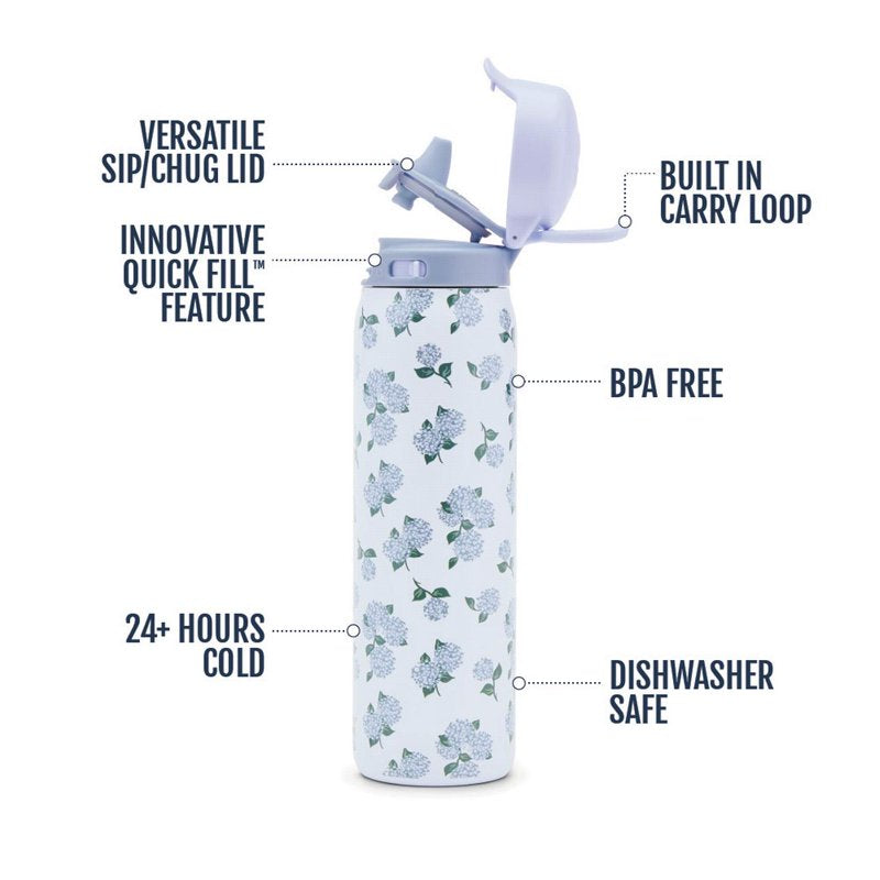 22oz Stainless Steel Water Bottle with QuickFill Lid - Hydrangea Bloom