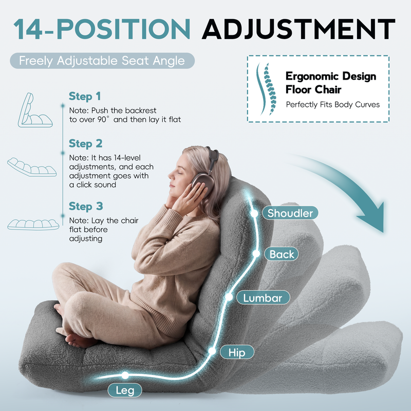 Adjustable Floor Chair with Memory Foam - Grey Folding Gaming Chair