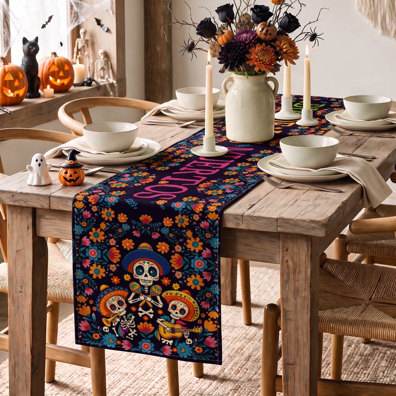 Halloween Skull Table Runner 13x72 Inch Watercolor Marigolds Decor - Variation G