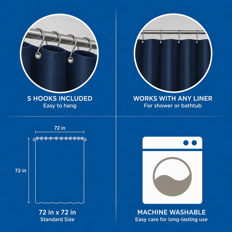 Navy Checkered Bathroom Set with Shower Curtain, Hooks, and Bath Rugs - 15 Pieces