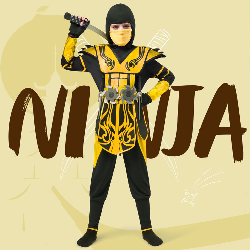 Kids Golden Ninja Costume Set for Boys Halloween Dress Up - Age 10-12 Years (Variation: Golden2, L 10-12yrs)