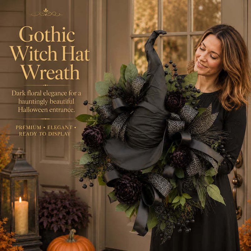 Gothic Black Rose Witch Hat Halloween Wreath Front Door Decor