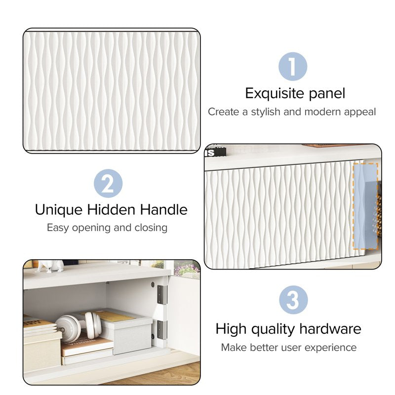Modern LED Wall-Mounted TV Stand with Carved Surface - White