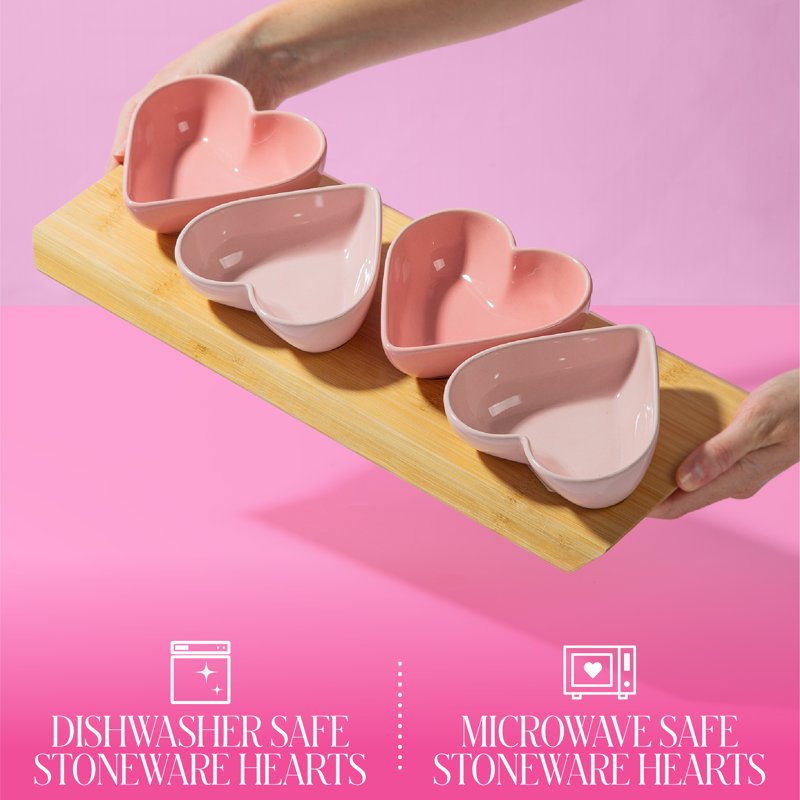 5-Piece Heart Dip Bowl Set with Bamboo Tray - Blush Pink & Rose Pink