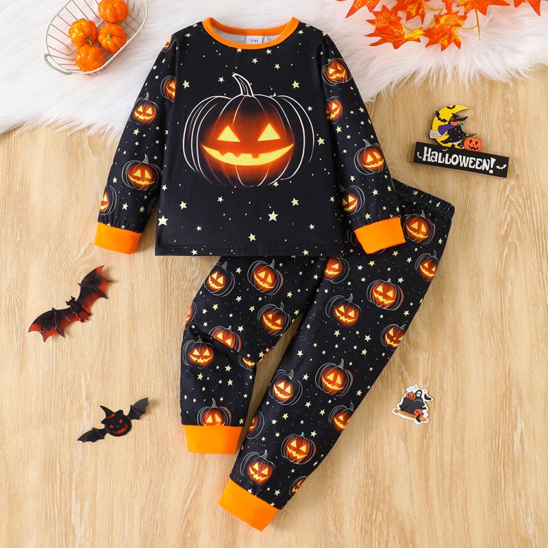 Black 7-8 Years Boys Halloween Pumpkin Pajama Set - Long Sleeve Top & Pants