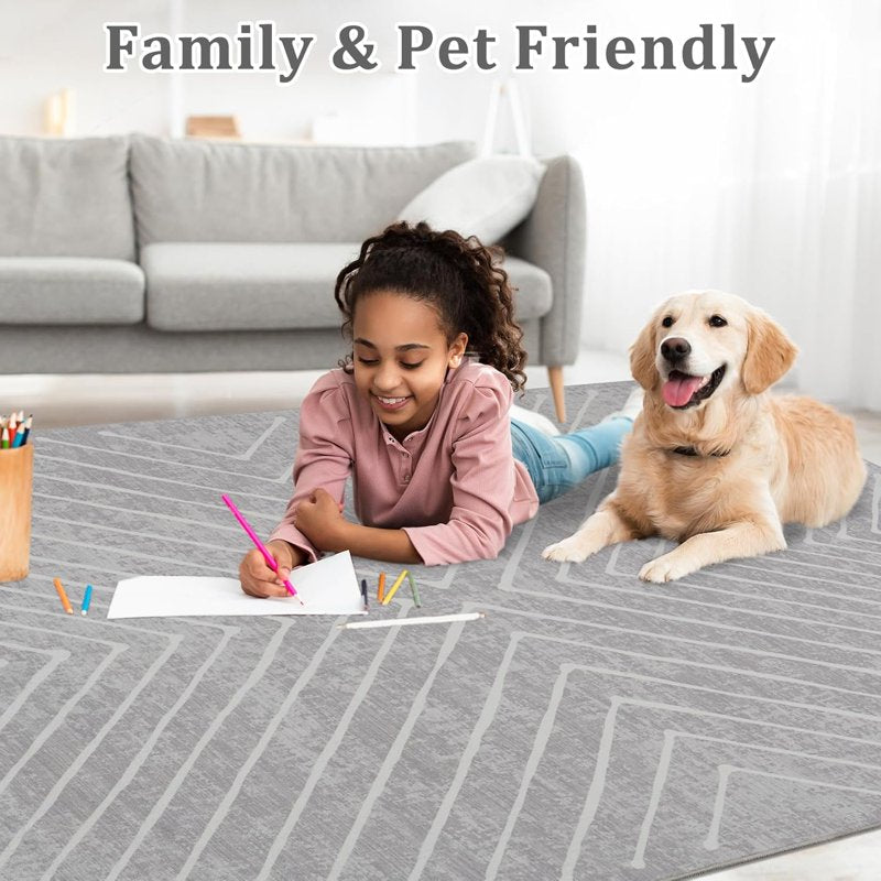 Large Washable Geometric Floor Rug 10x13 Light Grey Non-Slip Indoor Mat