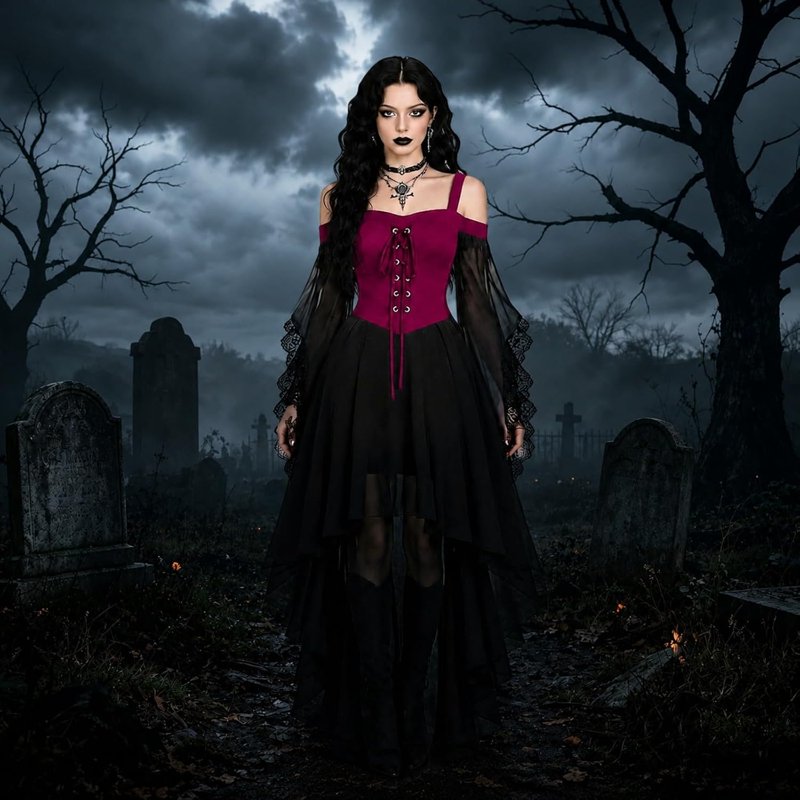 Women's Gothic Witch Dress with Butterfly Sleeves - Red, Small Halloween Costume