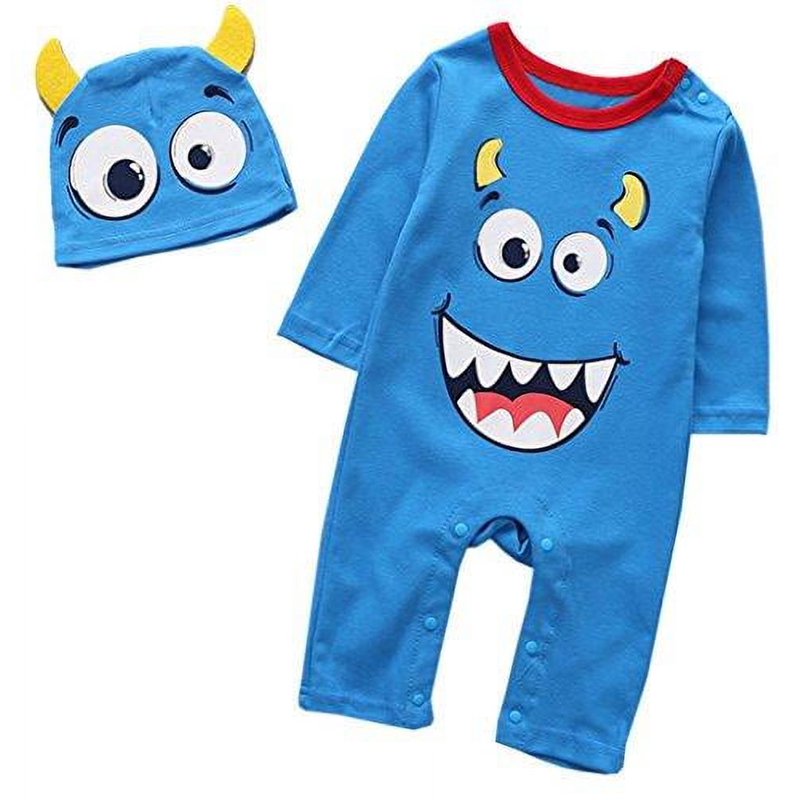 Baby Boy Halloween Monster Romper & Hat Set - Cotton 2-Piece Outfit for 6-24 Months