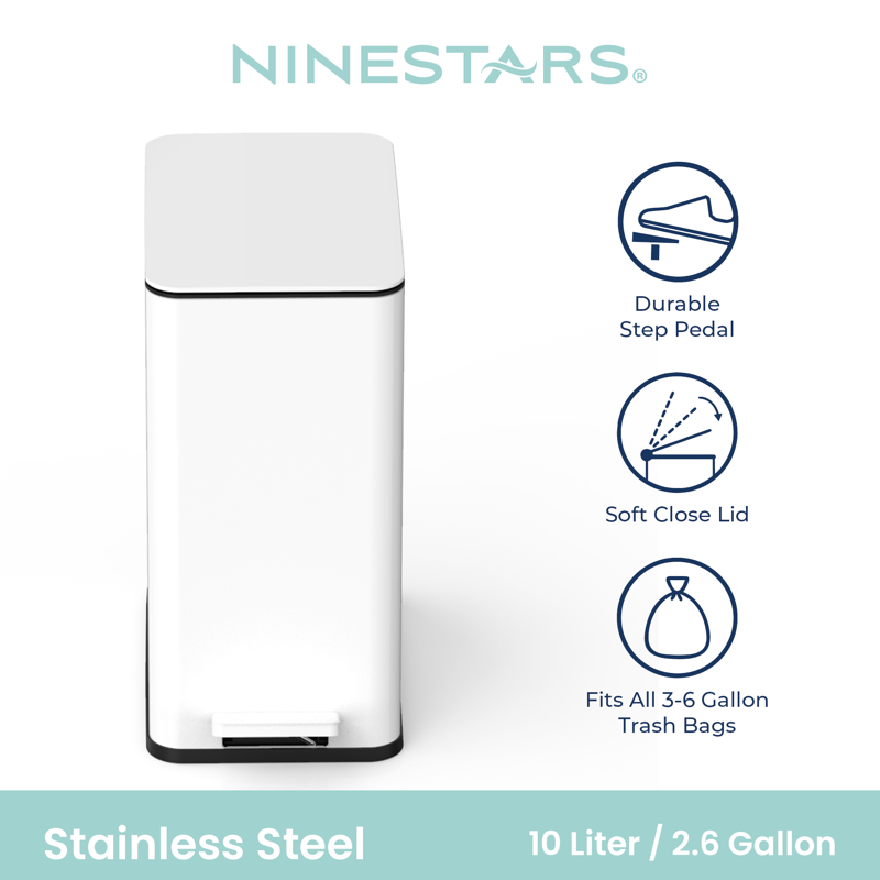 2.6 Gallon Stainless Steel Bathroom Step Trash Can + Bag - Black