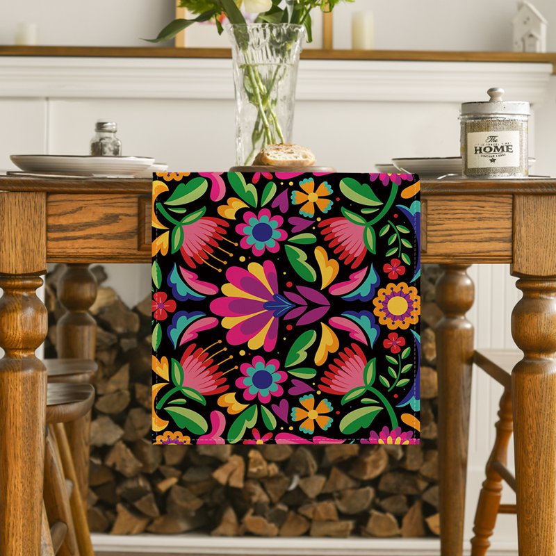 Black Floral Dia De Los Muertos Serape Table Runner - 13x90 Inches, Mexican Fiesta Design, Party Kitchen Decor - Variation 1